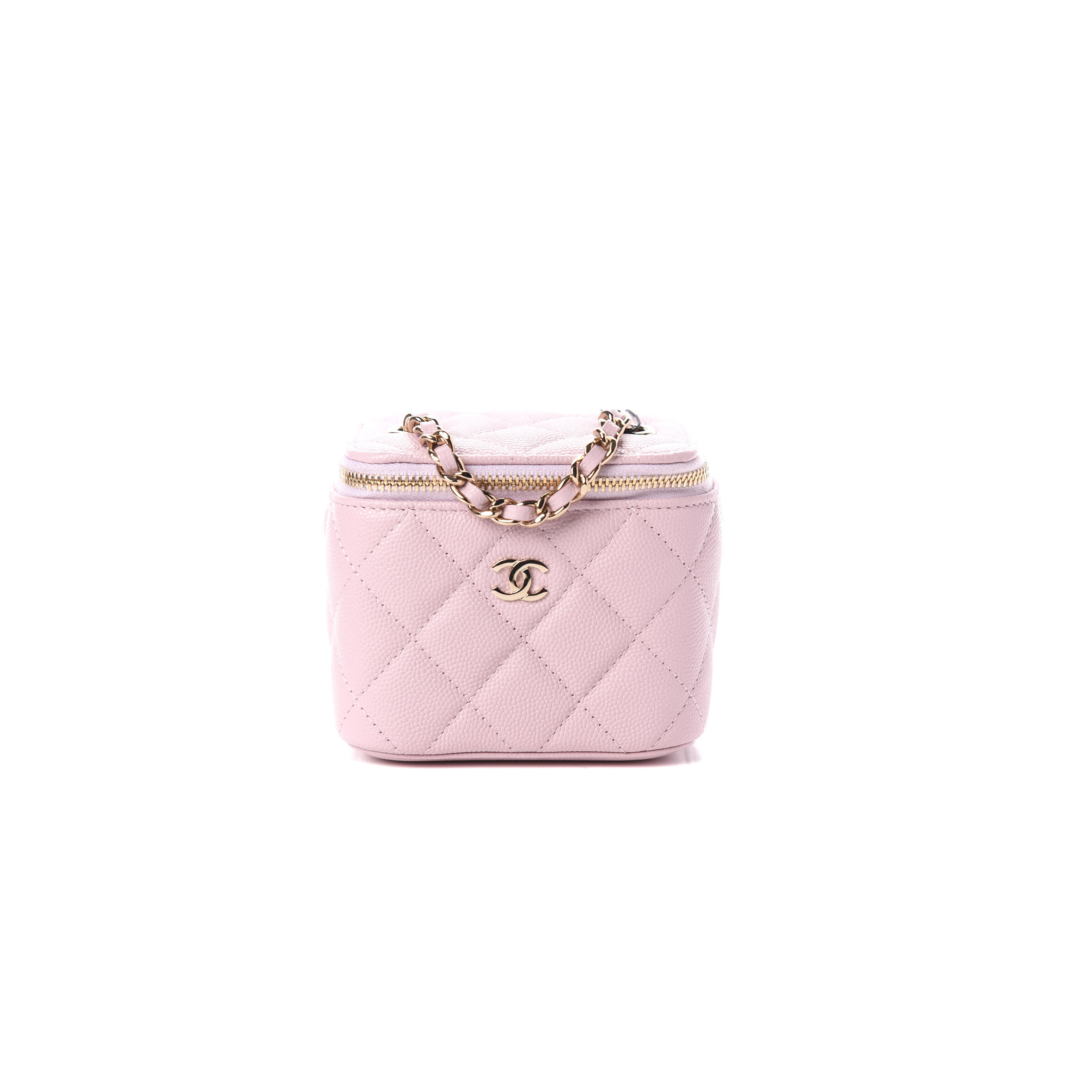 Ch*el master caviar quilted mini vanity case with chain light pink ap1340 (10*9*7cm)